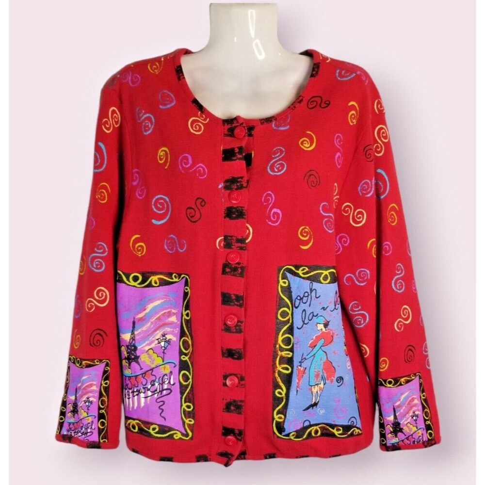 Women's Cardigan Paris Themed Red Sport Elle Designer Size Petite Medium